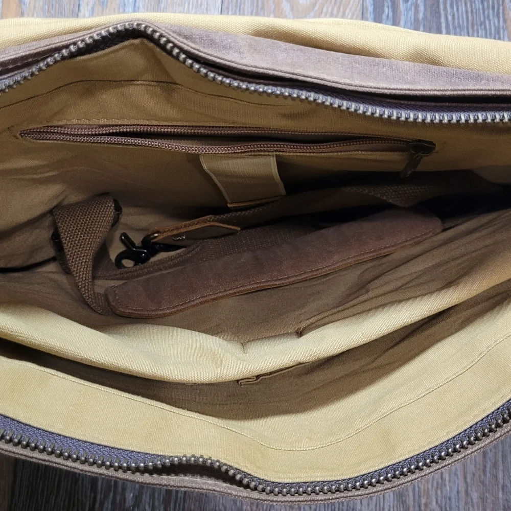 Newhey Mens Messenger Laptop Bag Waterproof Brown Canvas Leather